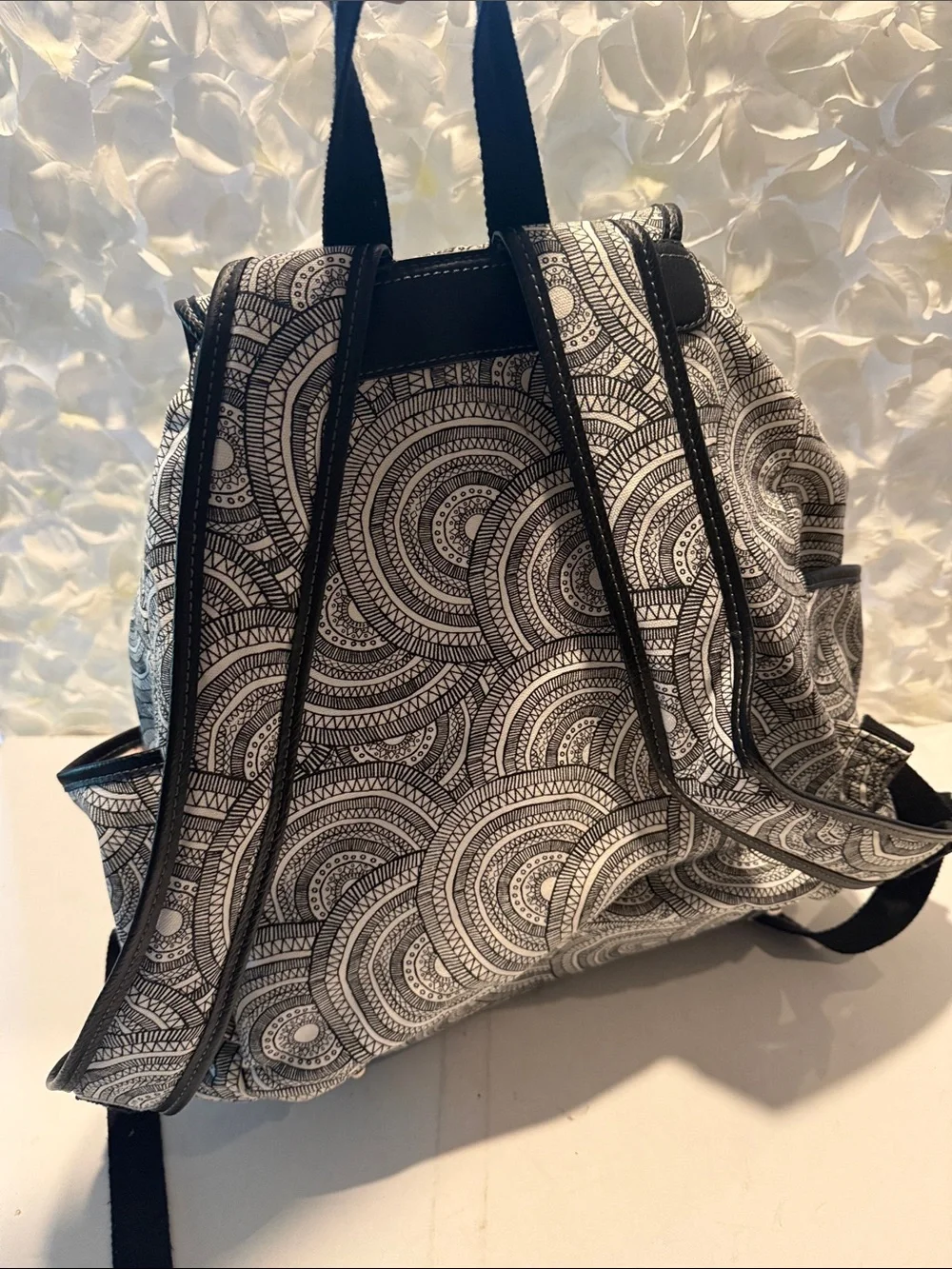 Sakroots Black & White Patterned Backpack with Multicolor Embroidered Circle